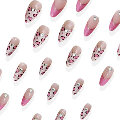 Cyflymder  24pcs Pink Leopard Print Fake Nail Tips y2k Spicy Girls French Almond Press on Nail Wearable Detachable Sweet Korean False Nails