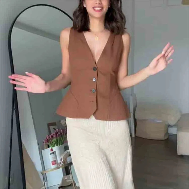 Cyflymder  Fashion Slim Vest For Women Summer 2025 New Brown Single Breasted V-neck Sleeveless Waistcoat Sleeveless Office Casual Solid Top