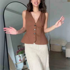 Cyflymder  Fashion Slim Vest For Women Summer 2025 New Brown Single Breasted V-neck Sleeveless Waistcoat Sleeveless Office Casual Solid Top