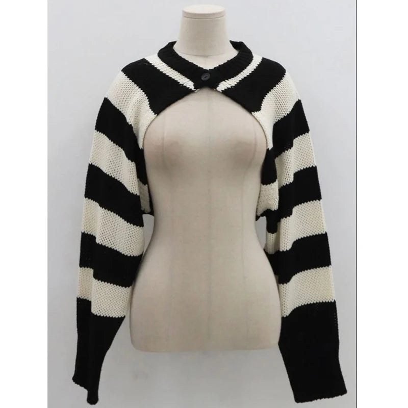 Cyflymder  Y2K Women's Striped Knit Cardigan Long Sleeve Single Button Hollow-out Short Shawl Sweater Fashion Casual Street Style Outerwear