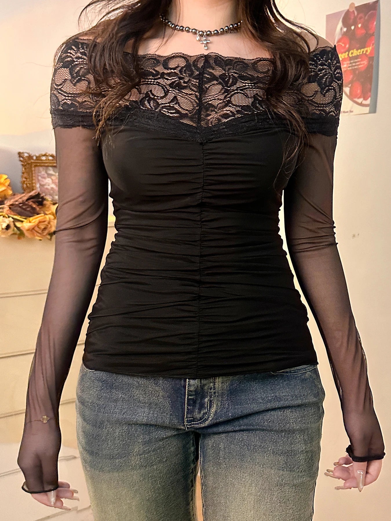 Cyflymder  Sexy Slim Lace Trim Mesh T Shirt See Through Casual Slash Neck Long Sleeve Tees Women Autumn Spring Streetwear Lady
