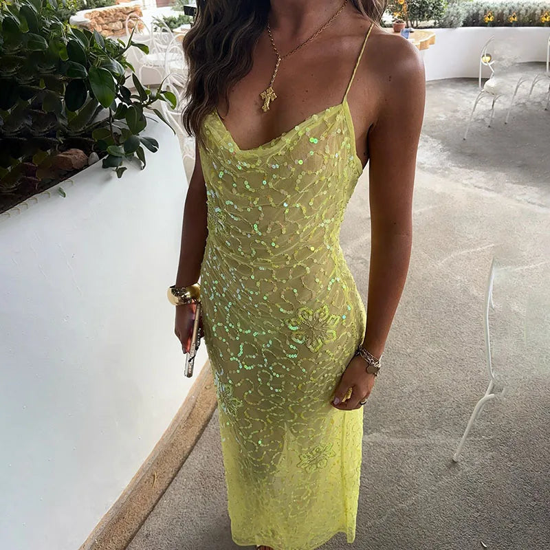 Cyflymder  Fashion Halter Sleeveless Hollow Out Robes Lady Simple Hollow Out Party Maxi Dress Sexy Fit Pure Sequins See-through Beach Dress