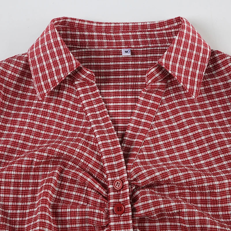Cyflymder  American Retro Red Plaid ort Sve irt Casual Slim Fit Waist Cinching Button up Top for Young Women