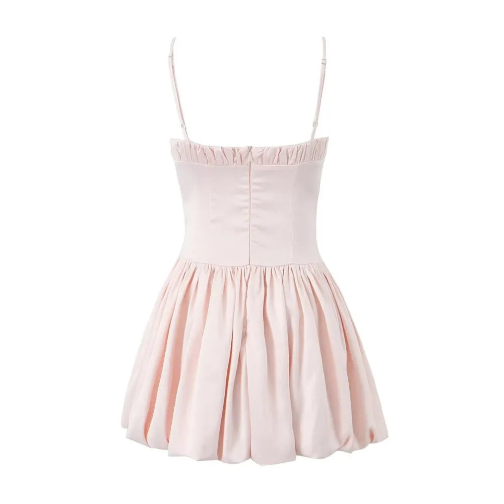 Cyflymder  Women Sexy Pink Bow Ruched Chest Corset Style Satin Sling Dress Low Back Slim Waist Spliced Pleated Swing A line Mini Party Robe