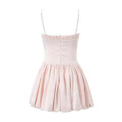 Cyflymder  Women Sexy Pink Bow Ruched Chest Corset Style Satin Sling Dress Low Back Slim Waist Spliced Pleated Swing A line Mini Party Robe