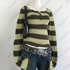 Cyflymder  Vintage vibe Stripe Harajuku Streetwear Y2k Knitted sweater Hotsweet Punk Women Clothes Fashion Punk Pullover Gothic Knitt Top