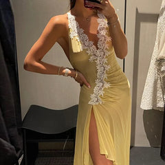 Cyflymder  Women's Beach Vacation Yellow Maxi Dress Lace Trim Deep V Neck Backless High Slit Sleeveless Bodycon Summer Holiday Date Dress