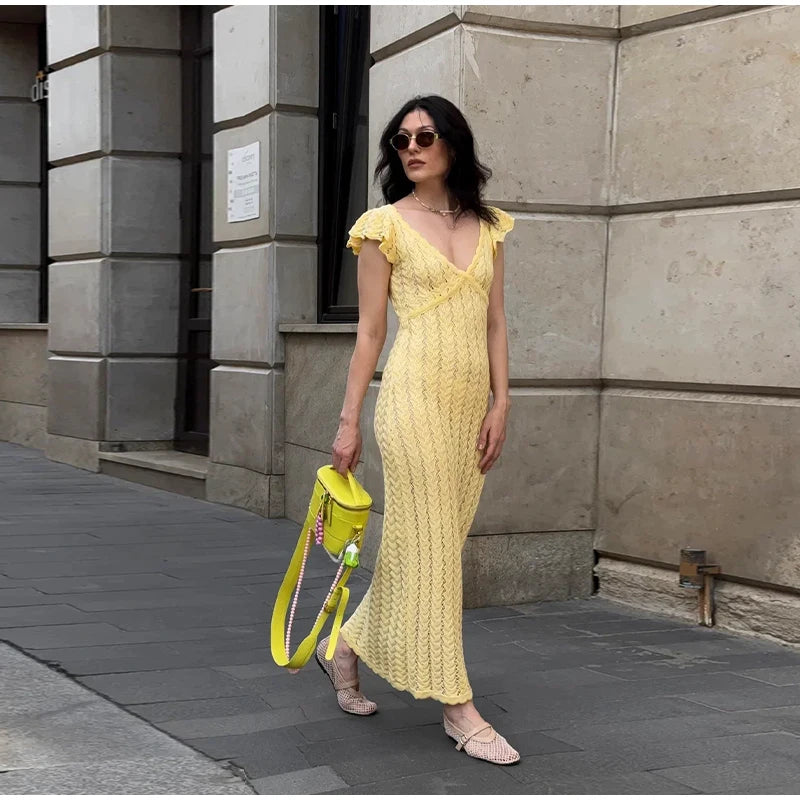 Cyflymder  Chic V-Neck Knitted Lace Long Dress Woman Hollowed Out Short Sleeves Slim Robes Solid Color Casual Elegant Women's Long Dresses