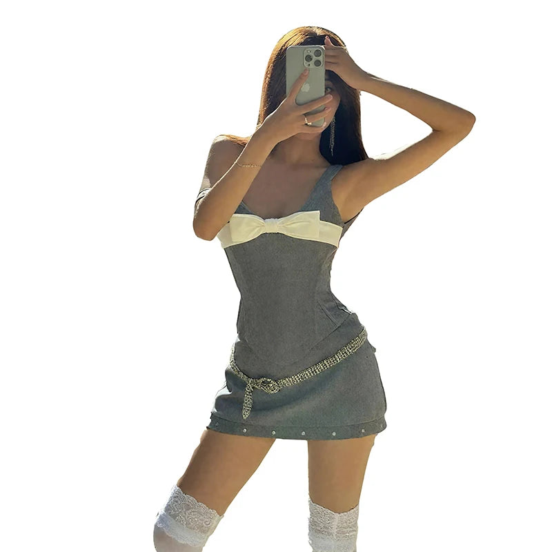 Cyflymder  Stretch Sexy 2 Piece Set Women Bows Sleeveless Low Neck Crop Tops+Rivet Skirts Matching Street Party Skinny Clubwear