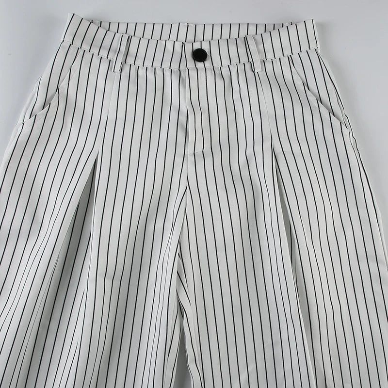 Cyflymder  Casual Folds Striped Wide Leg Pants Basic Loose Low-Waisted Straight Pants Women Summer Fashion Streetwear Ladies