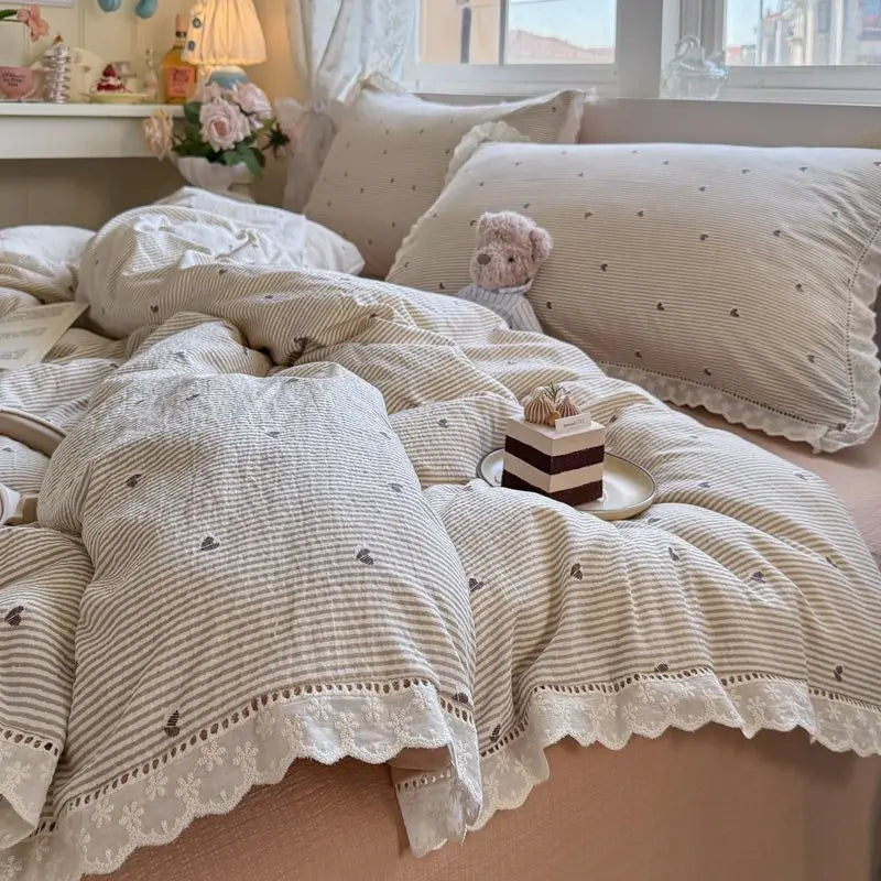 Cyflymder  Korean Style Girly Heart Floral Double Layer Gauze Four-Piece Set Princess Style Lace Trim Quilt Cover Bed Sheet Dormitory