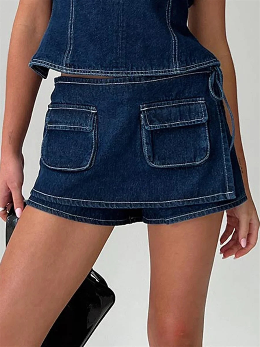 Cyflymder  Women s High Waisted Denim Skirt with Tie Waist Detail for Summer Beach Party Casual Streetwear Fashion Outfit