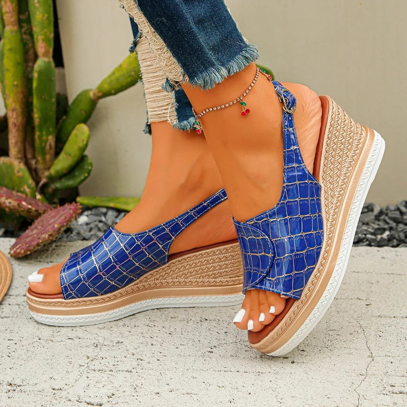 Cyflymder  Summer New Buckle Slope Heel Women's Sandals Summer Checkered Pattern Thick Bottom Non slip Beach Shoes