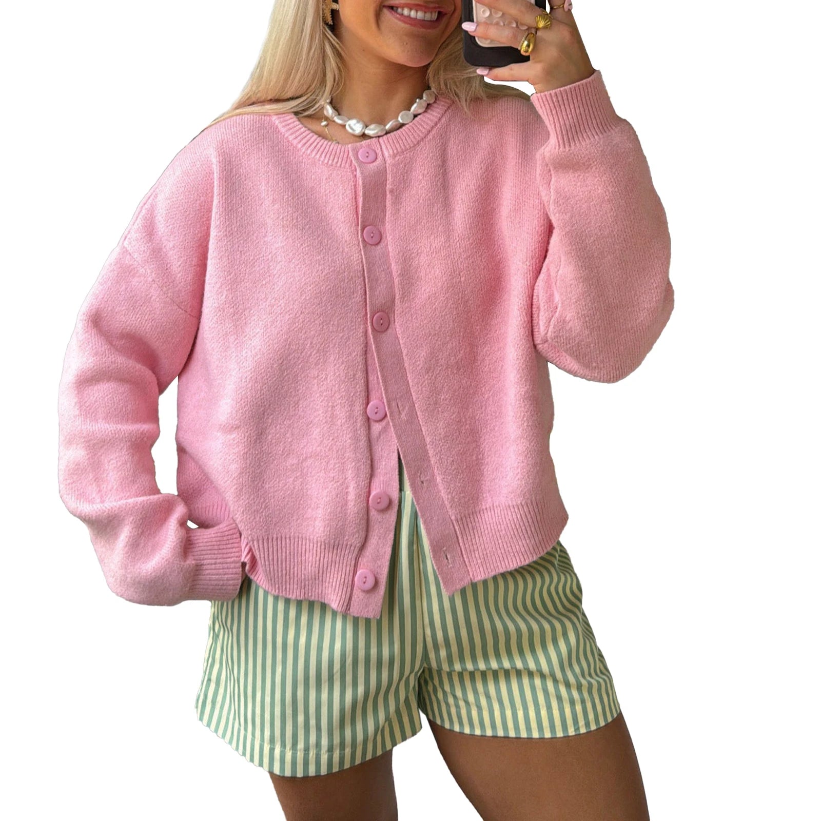 Cyflymder  Women s Classic V-Neck Button Down Cardigan Sweater Long Sleeve Knit Top with Ribbed Cuffs and Hem