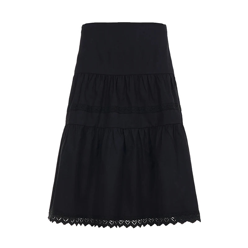 Cyflymder  Casual Elastics Waist Lace Patchwork Woven Skirts Women Summer All Match Half Black Umbrella Outfits Y2K Fashion Skirt