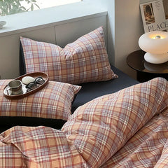 Cyflymder Japanese Style Plaid Pure Cotton Bedding Set Soft Washed Cotton Cozy Bedclothes Queen Single Fitted Sheet Quilt Cover Pillowcase
