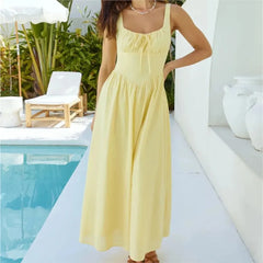 Cyflymder  Elegant Long Dress For Women Lace Up Sleeveless Square Neck Dresses 2025 New Summer Chic Casual Simple Vacation Beach Midi Dress