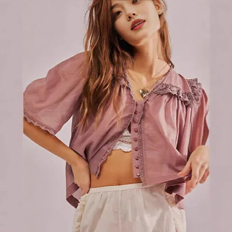 Cyflymder   Pink Sweet Lace Collar Cotton Petal Short Sleeve Reffled V Neck Buttons Pleated Tops Women Blouse T Shirt Korean Summer Folds