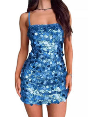 Cyflymder  Sling Sequin Hip Package Mini Dress Women Sexy Square Collar Sleeveless Backless Waist Cinching Slim Partywear Chic Ladies Robe