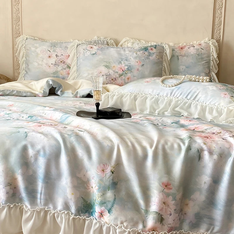 Cyflymder  Flower Prints Lace Ruffles Princess Bedding Set Lyocell Bamboo Fiber Soft Silky Cool Feeling Duvet Cover Bed Sheet Pillowcases