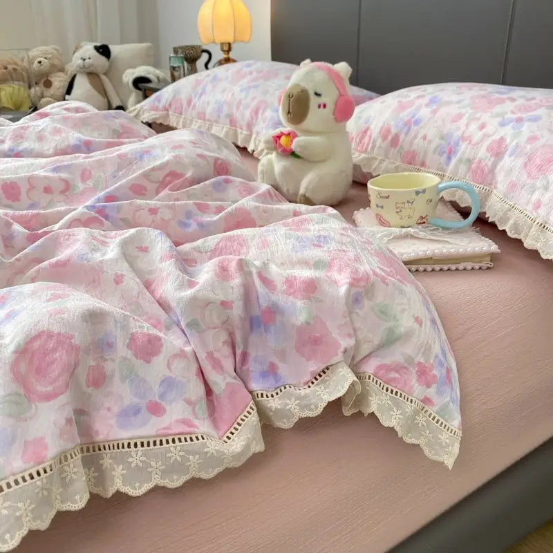 Cyflymder  INS French Lace Trim Bowknot Double Layer Gauze Quilt Cover Four-Piece Set Simple Bed Sheet Fitted Sheet Dormitory Three-Piece