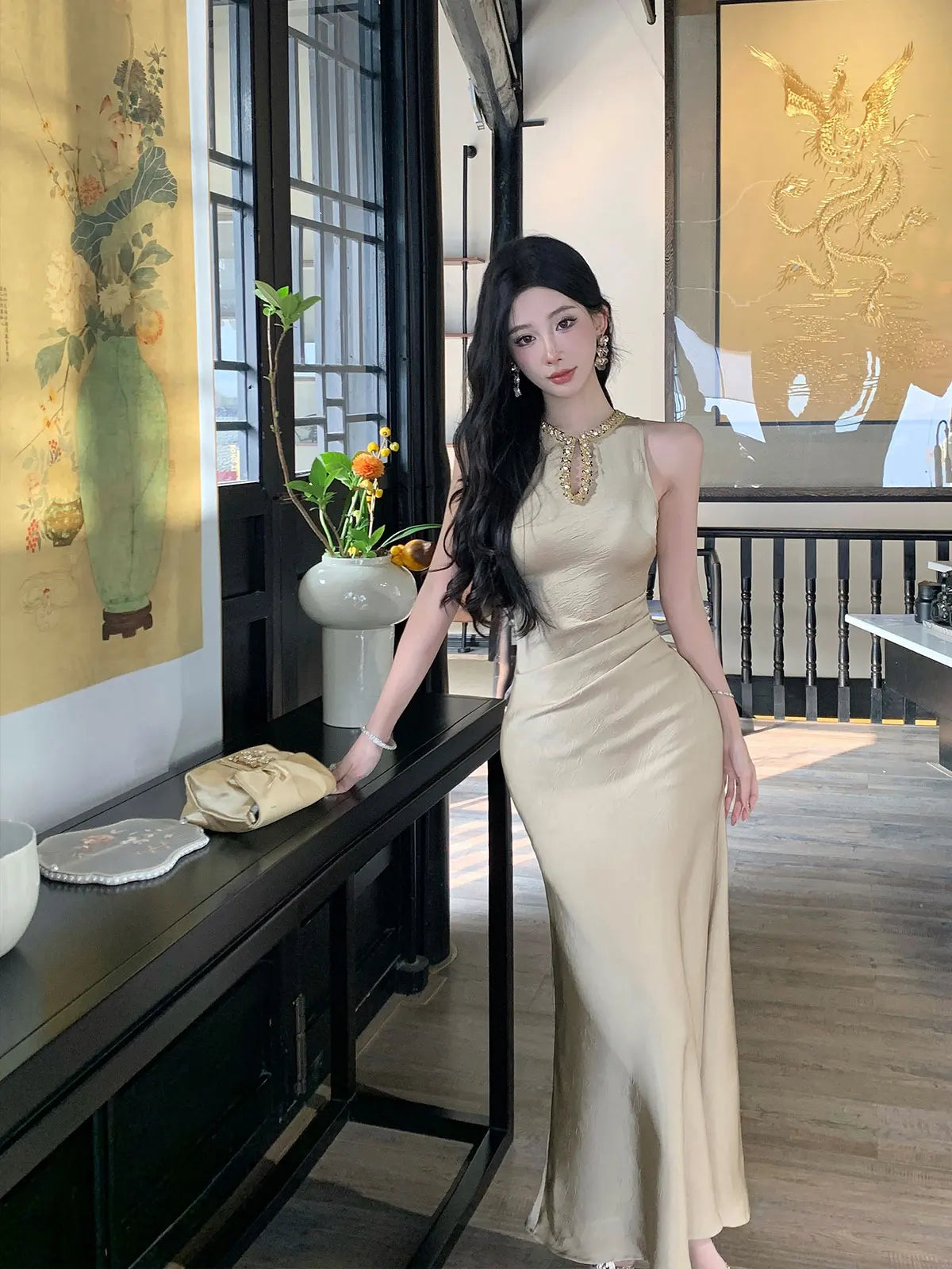 Cyflymder  Elegant Gold Sleeveless Long Dress V-Neckline Events Evening Parties Luxurious woman dresses  Hot Sexy Flowy Clothing