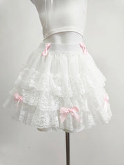 Cyflymder   Multilayered Lace Skirts for Sweet Girls Summer Ribbons Bows Decoration Elastic Waist Lolita Style White Skirt Kawaii Clothes
