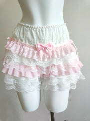 Cyflymder  Cute Shorts Women Summer Bow Decoration Pink Lace Patchwork Elastic Waist Lolita Multilayer Bottoming Shorts for Sweet Girls