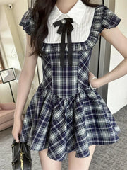Cyflymder  Sweet Hot Girl College Style Slim Fit Fluffy Dress for Women Summer Retro Plaid Fake Two-piece Dress Fashion Female Clothes