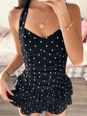 Cyflymder  Polka Dot Mini Skirt For Women Halter Sweetheart Neck Open Back Ruched Waist Double Tier Ruffle Hem Dress Lady's Vacation Frock