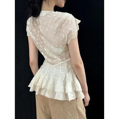 Cyflymder  French White Lace Hollow Out Shirt for Women's Summer V-neck Short-sleeved Slim Fit Shirt Fashion Female Clothes