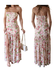 Cyflymder  Women Off Shoulder Ruffle Dress Elegant Floral Print High Low Hem Maxi Dress for Wedding Party Prom Evening Gown Beach