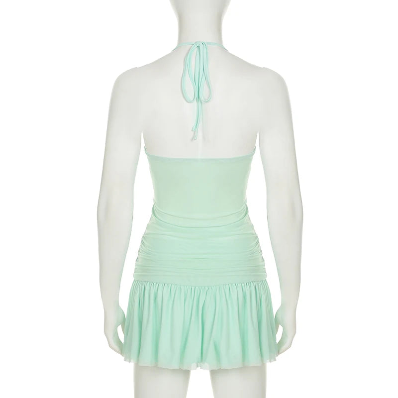 Cyflymder  Beach Style Bandage A-Line Pleated Dress Holiday See Through Solid Slash Neck Sleeveless Mini Dresses For Women 2025