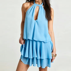 Cyflymder  Fashion Sleeveless Backless Short Dresses Sexy Halter Hollow Draped A-Line Dress Ruffled Edge Hight Waist Solid Color Mini Dress