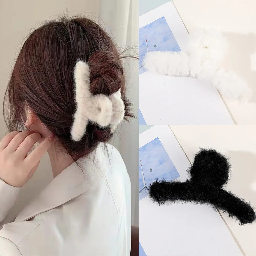 Cyflymder Winter Plush Hair Claw Elegant Acrylic Hairpins Faux Fur Hair Clip Barrette Crab Headwear for Women Girls Hair Accessories