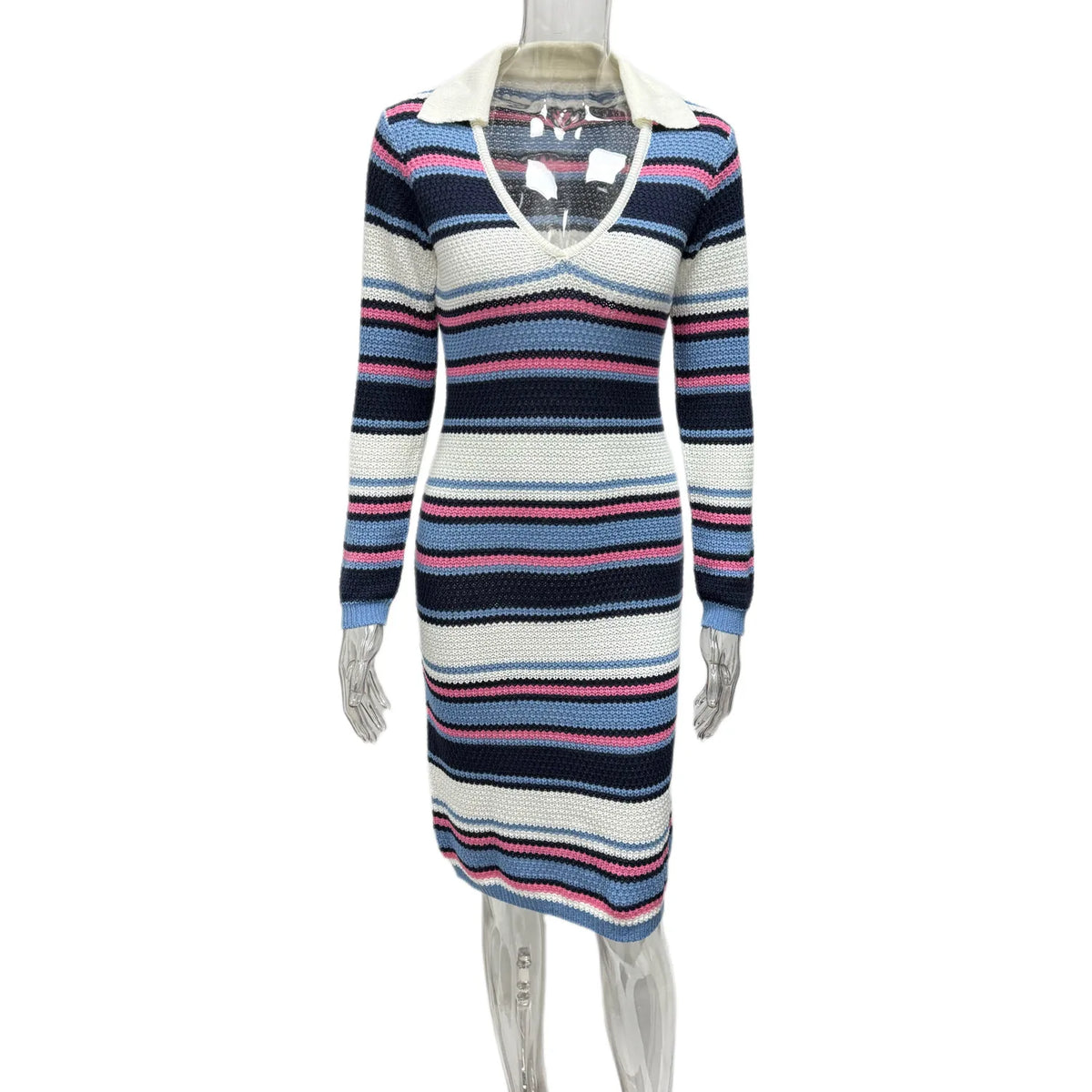 Cyflymder  High End Euramerican Turn Down V Neck Long Sleeve Dress Fresh Constrast Color Striped Slim Knitted Mid Length Dress Y2k Clothes