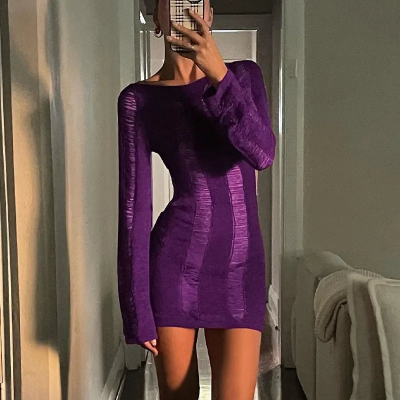 Cyflymder  Sexy Women Backless Knitted Mini Dress Crochet Knit Hollow Out Sundress Long Sleeve Drawstring Tie Up Dress Beach Clubwear Dress