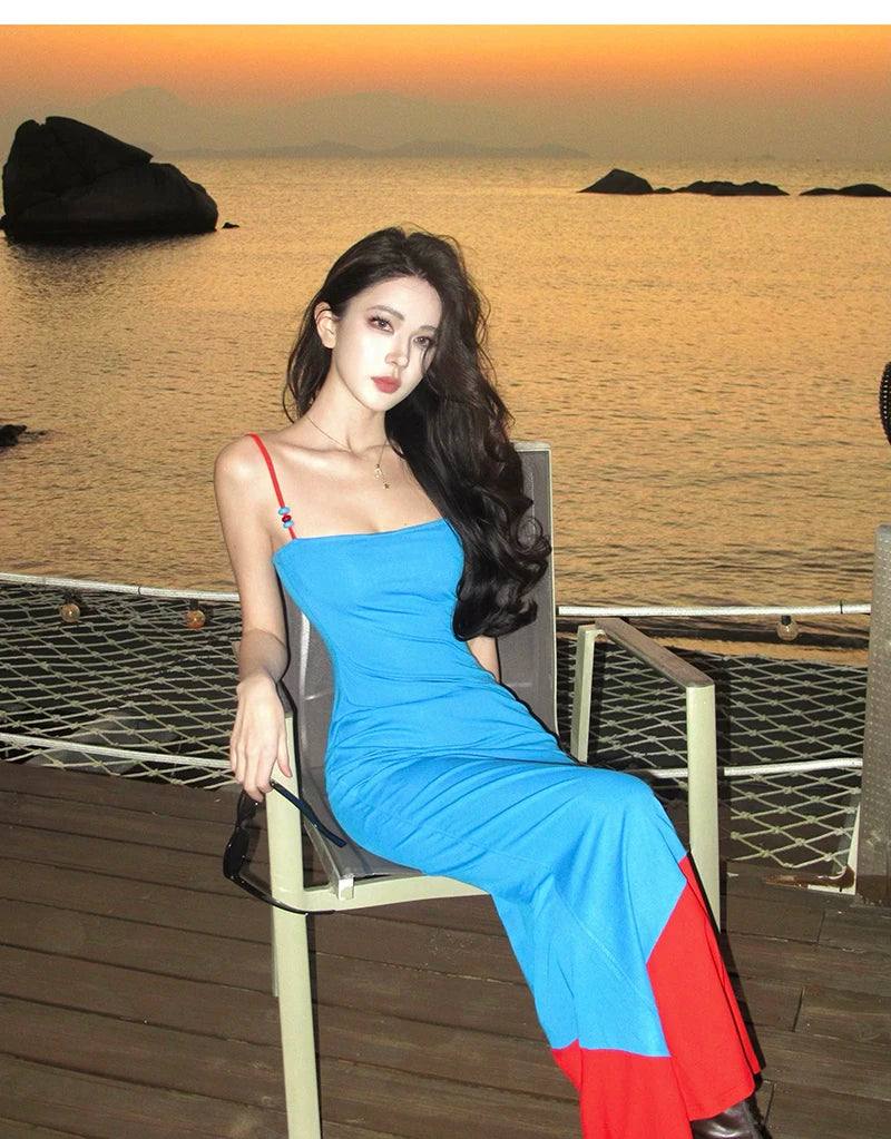 Cyflymder  Korean Women Blue Red Patchwork Sleeveless Backless Slip Dresses Summer Elegant Sexy Club Slim Wrap Hip Long Dress Popular Trend