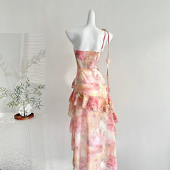 Cyflymder  Summer Women French Vintage Graduation Off Shoulder Dress Mini Chiffon Tie Dye Frock Evening Shoujo Girl One-Piece Party 2000s