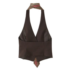 Cyflymder  Women's Top Autumn New Style Dark Brown Sleeveless Halter Neck with Tie Decoration Vest Sexy Fashion Unique and Versatile