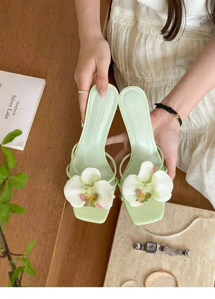 Cyflymder  Female Slip On Footwear Square Toe Ladies High Heels Pumps Slides Shoes Luxury Fashion Flower Women Thin Heels Shoes 2025 New