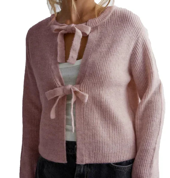 Cyflymder  Tie Front Cropped Cardigan Sweaters for Women Crew Neck Long Sleeve Knit Bow Tie Trendy Sweater Tops Winter Fall Streetwear