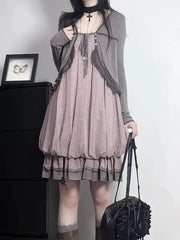 Cyflymder  Autumn New Retro Fashion Polka Dot Suspender Bud Dress Casual Cardigan Two piece Set Harajuku Korean Fashion Set Chic