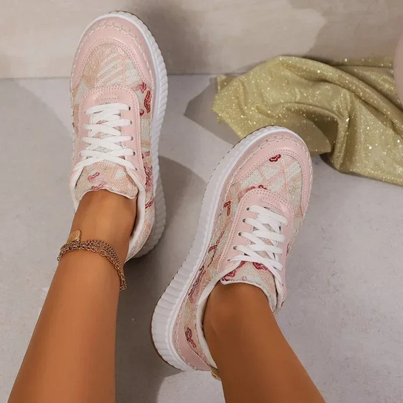 Cyflymder  Fashion Glitter Platform Sneakers Women Spring Lace Up Pink Sports Shoes Woman Plus Size 43 Thick Bottom Walking Shoes