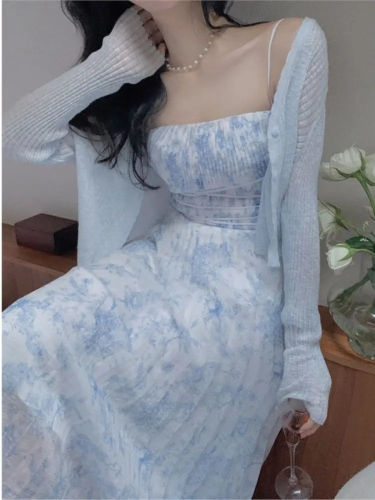 Cyflymder  Spring Summer Dress Cardigan Floral Suspender Skirt Two-piece Suit Dress Women A Line Vintage Korean Midi Dresses