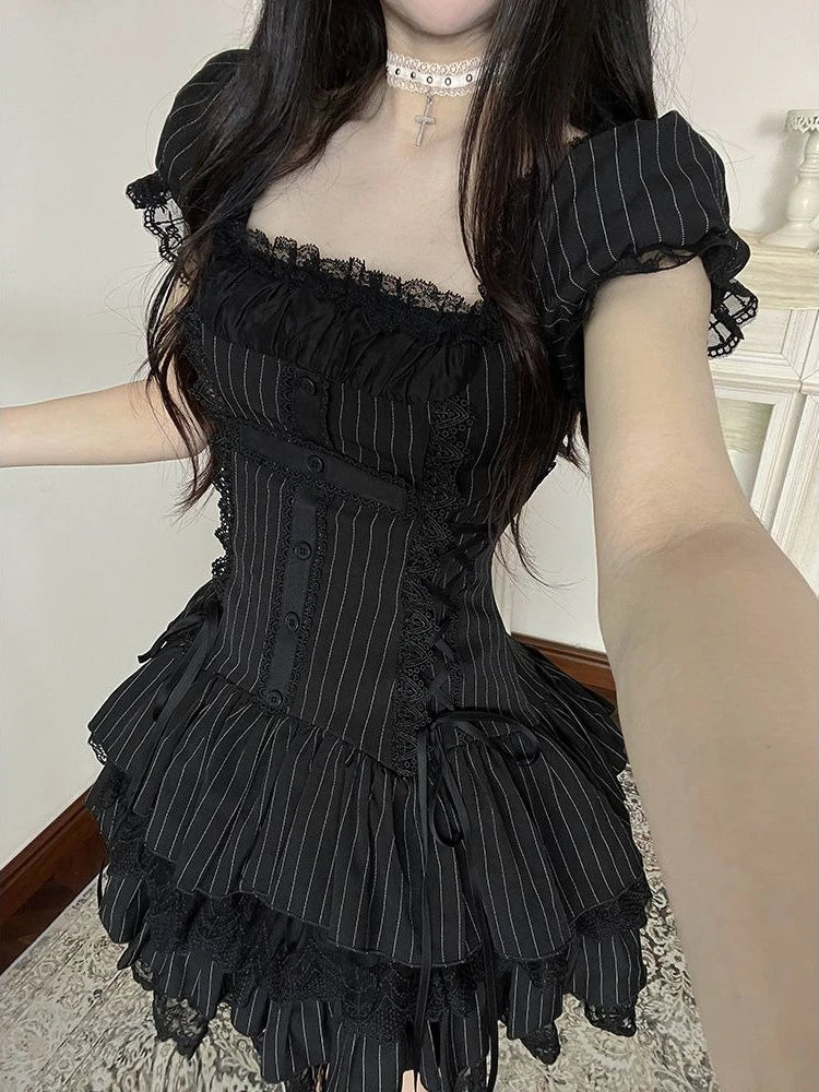 Cyflymder  Dark Gothic Sweet Lolita Dress Women Cross Patchwork Lace Ruffle Puff Sleeve Tie Waist Slim Fit Mini Dress Sexy Party Outfit