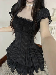 Cyflymder  Dark Gothic Sweet Lolita Dress Women Cross Patchwork Lace Ruffle Puff Sleeve Tie Waist Slim Fit Mini Dress Sexy Party Outfit