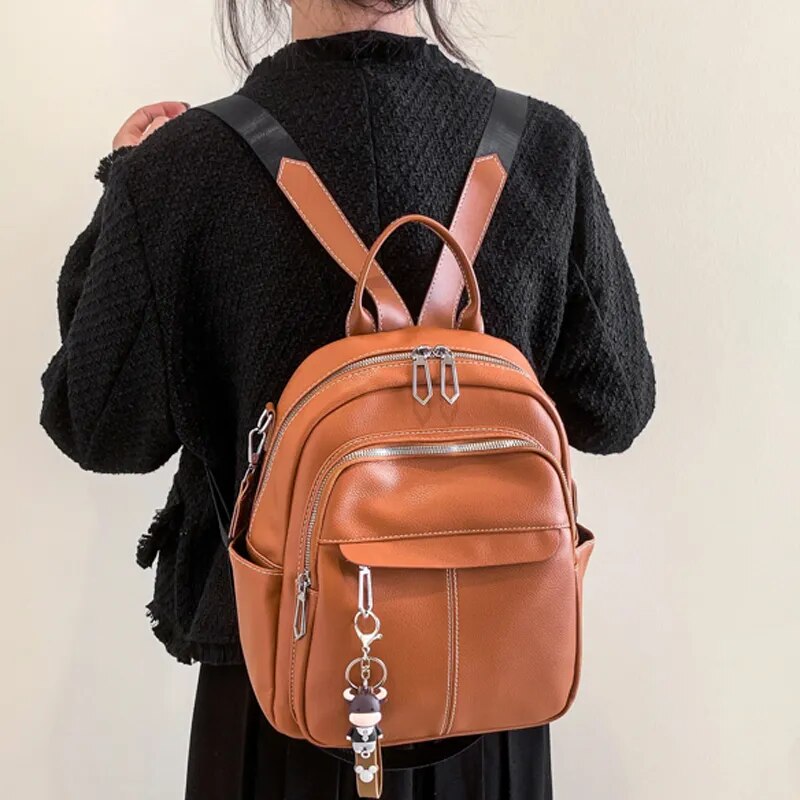 Cyflymder New Designer Fashion Women Leather Backpack Soft Solid Color Multi-Function Small Backpack Female Ladies Shoulder Bag Girl Purse