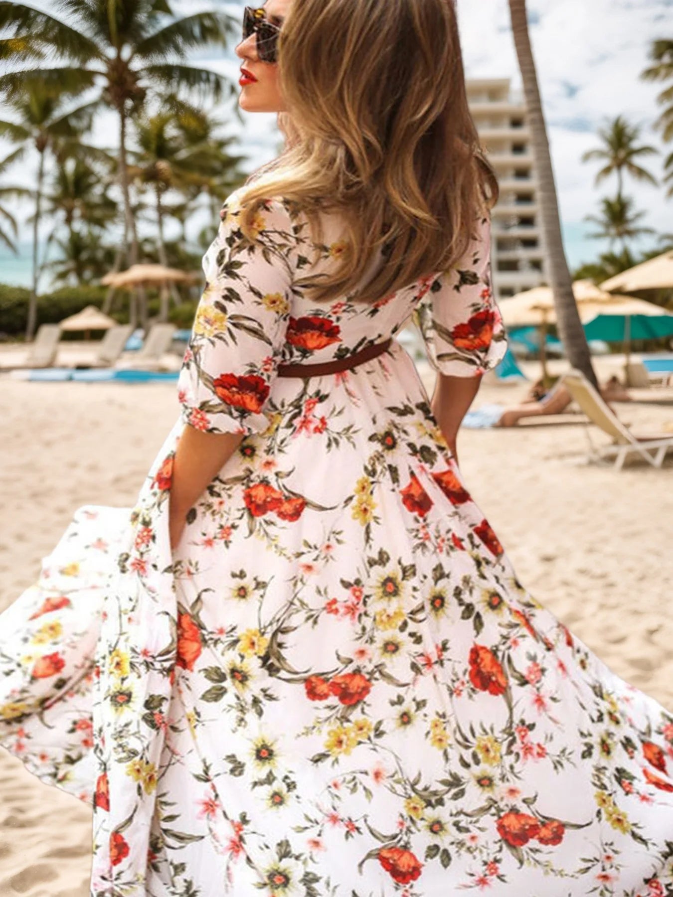 Cyflymder  New Elegant Floral Print Women's Dress, Half Sleeved Long Pants Dress, Summer Vacation Beach Dress