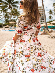Cyflymder  New Elegant Floral Print Women's Dress, Half Sleeved Long Pants Dress, Summer Vacation Beach Dress